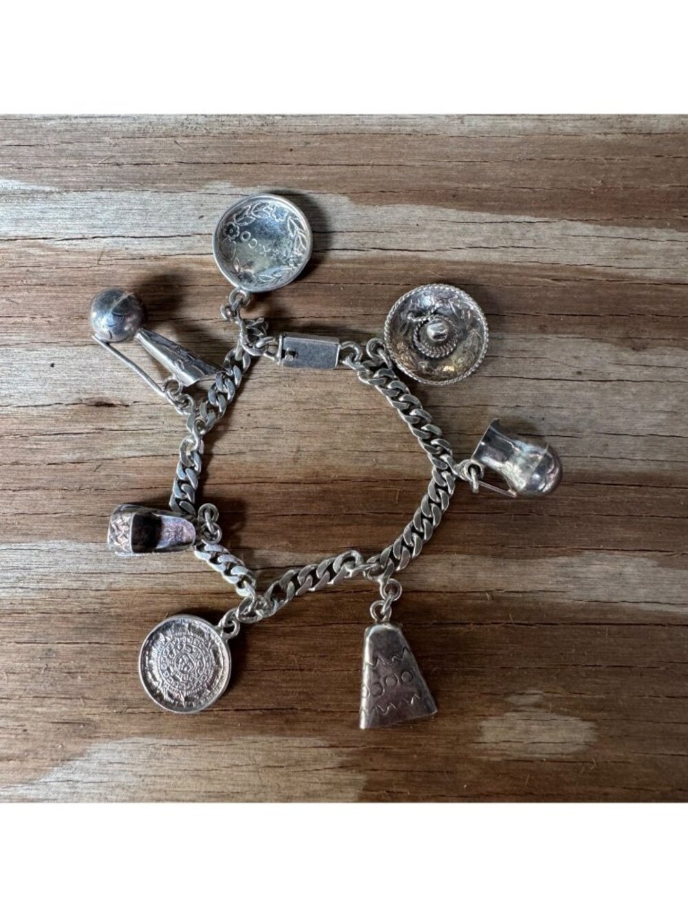 Mexican Sterling Silver Charm Bracelet Aztec Cultural Motifs 6” 19.15g Vintage